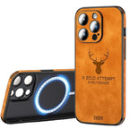 Deer leather iPhone case in tan with camera cutouts and deer emblem, plus front cover.