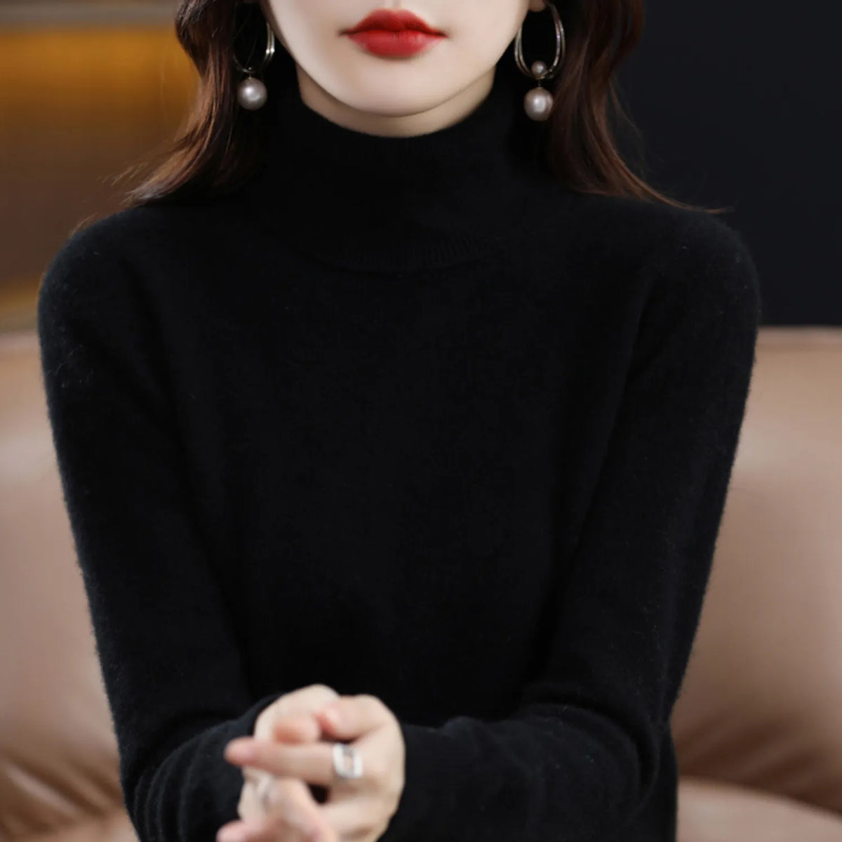Women's soft knit turtleneck sweater with long sleeves, ribbed neck and cuffs, dark black