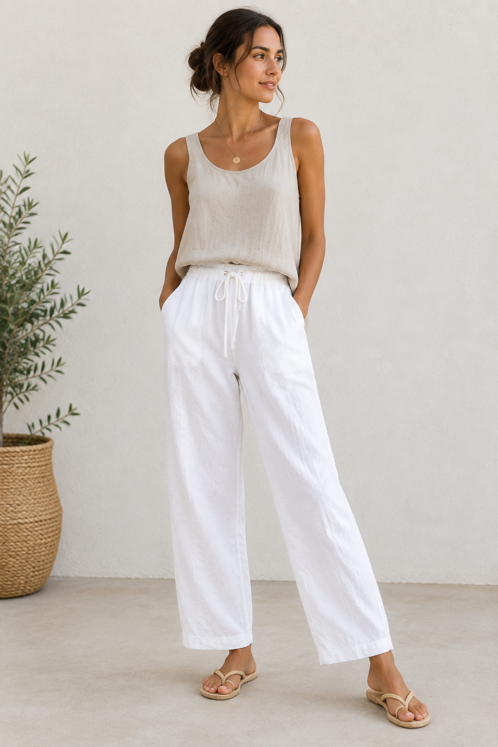 Women's white loose cotton drawstring pants with pockets, wide-leg and ankle length