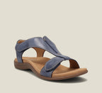 Blue comfort sandals with adjustable cross strap and cushioned footbed