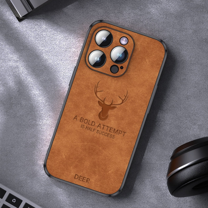 Genuine leather iPhone case, brown, deer engraving, camera cutouts, shockproof edge