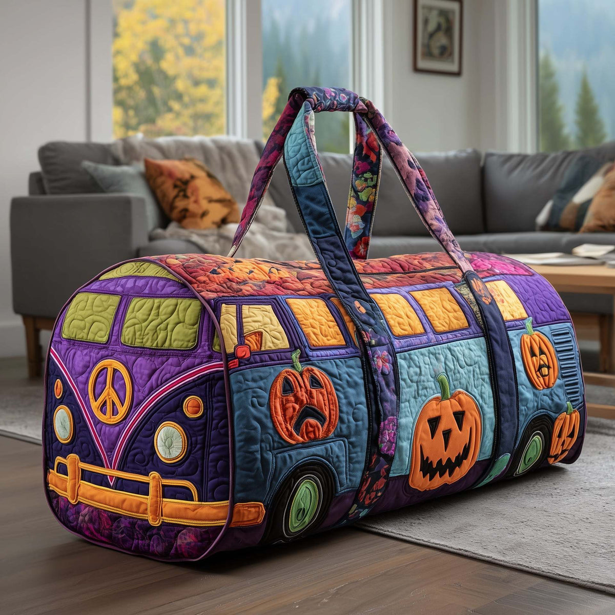 Padded travel bag with bus graphic, purple and orange quilted fabric and peace accents