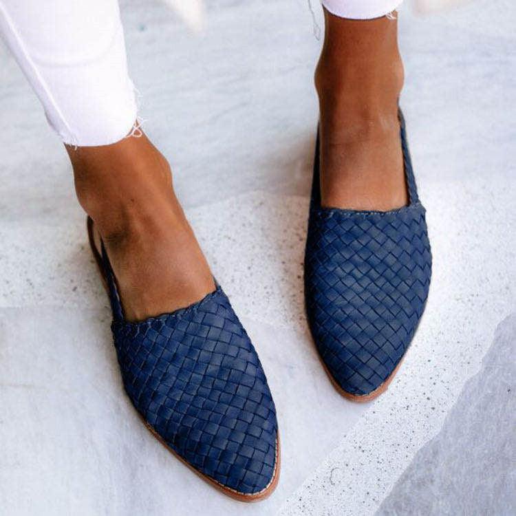 Women's blue woven slingback flats with closed toe and low back strap