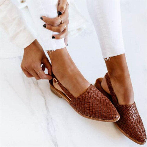 Women's dark brown woven slingback flats with closed toe and low back strap