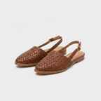 Women's brown woven slingback flats with closed toe and low back strap