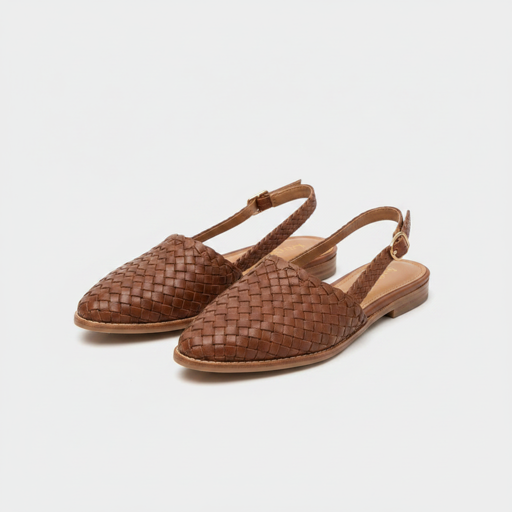 Women's brown woven slingback flats with closed toe and low back strap