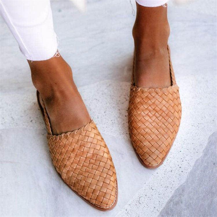Women's tan woven slingback flats with closed toe and low back strap