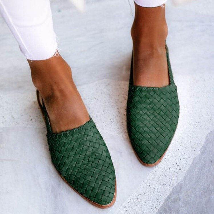 Women's green woven slingback flats with closed toe and low back strap