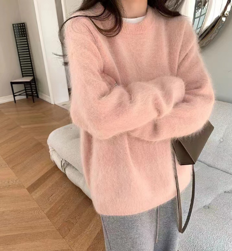 Cecile sweater in light pink fuzzy knit with crewneck and long sleeves