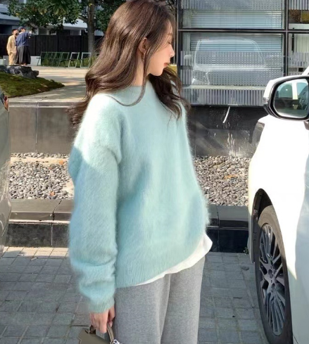 Cecile sweater in light blue, crewneck knit with long sleeves and ribbed hem