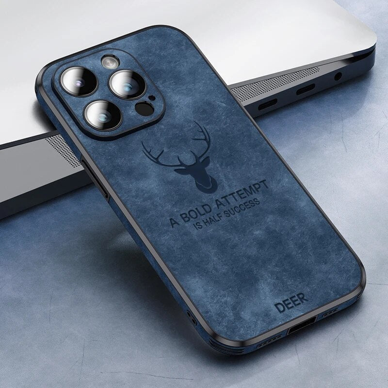 Genuine leather iPhone case, blue with deer engraving, camera cutouts, shockproof edge