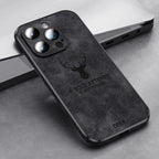 Deer leather iPhone case in dark gray/black with camera cutouts and deer emblem.
