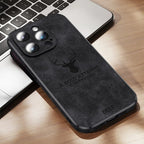 Deer leather iPhone case in dark gray/black with deer emblem and protective edges.