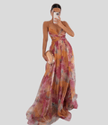 Floral maxi dress with ruffled straps and square neckline, orange-yellow and pink floral print.