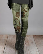 Women's boho leggings with olive and brown floral script print