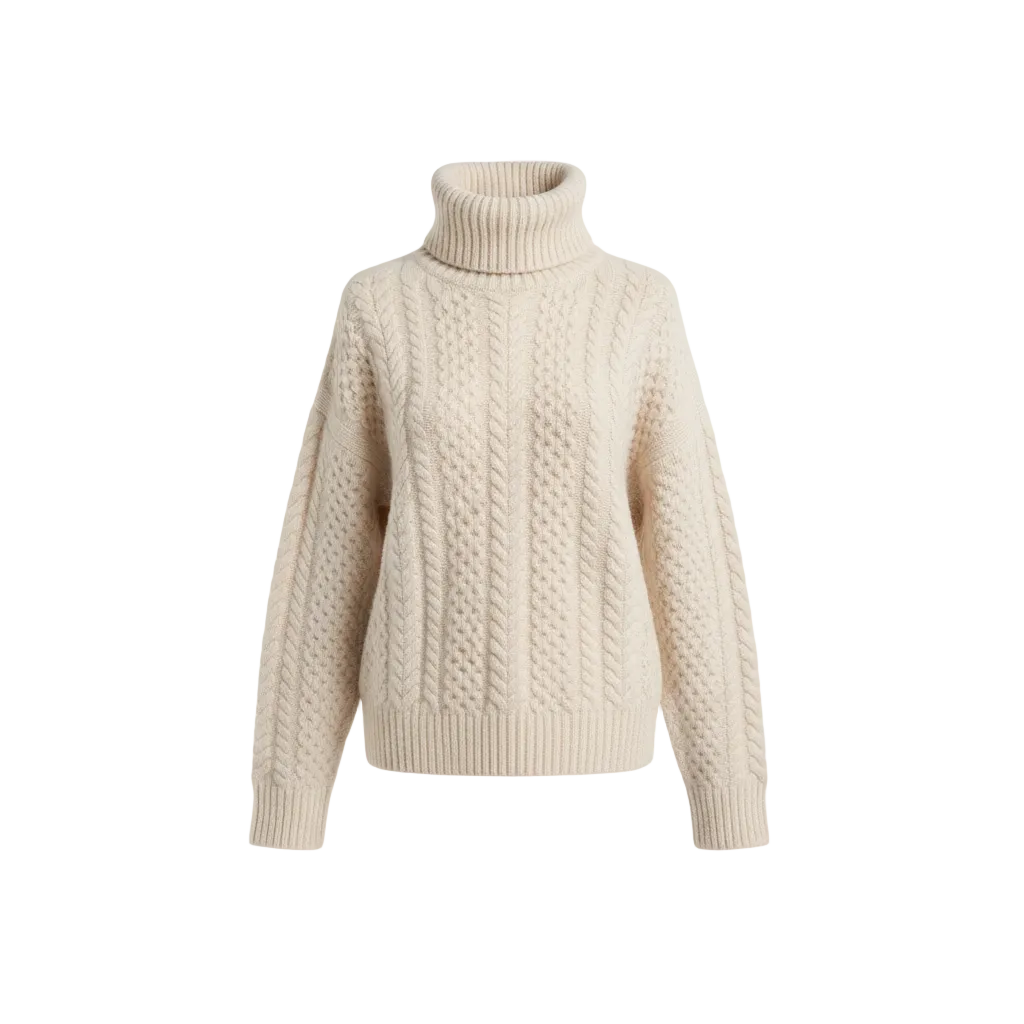 Beige cable knit turtleneck sweater, long sleeves, pullover design