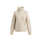 Beige cable knit turtleneck sweater, long sleeves, pullover design