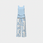 Light blue sleeveless blouse set with wide-leg trousers in light-blue leaf print