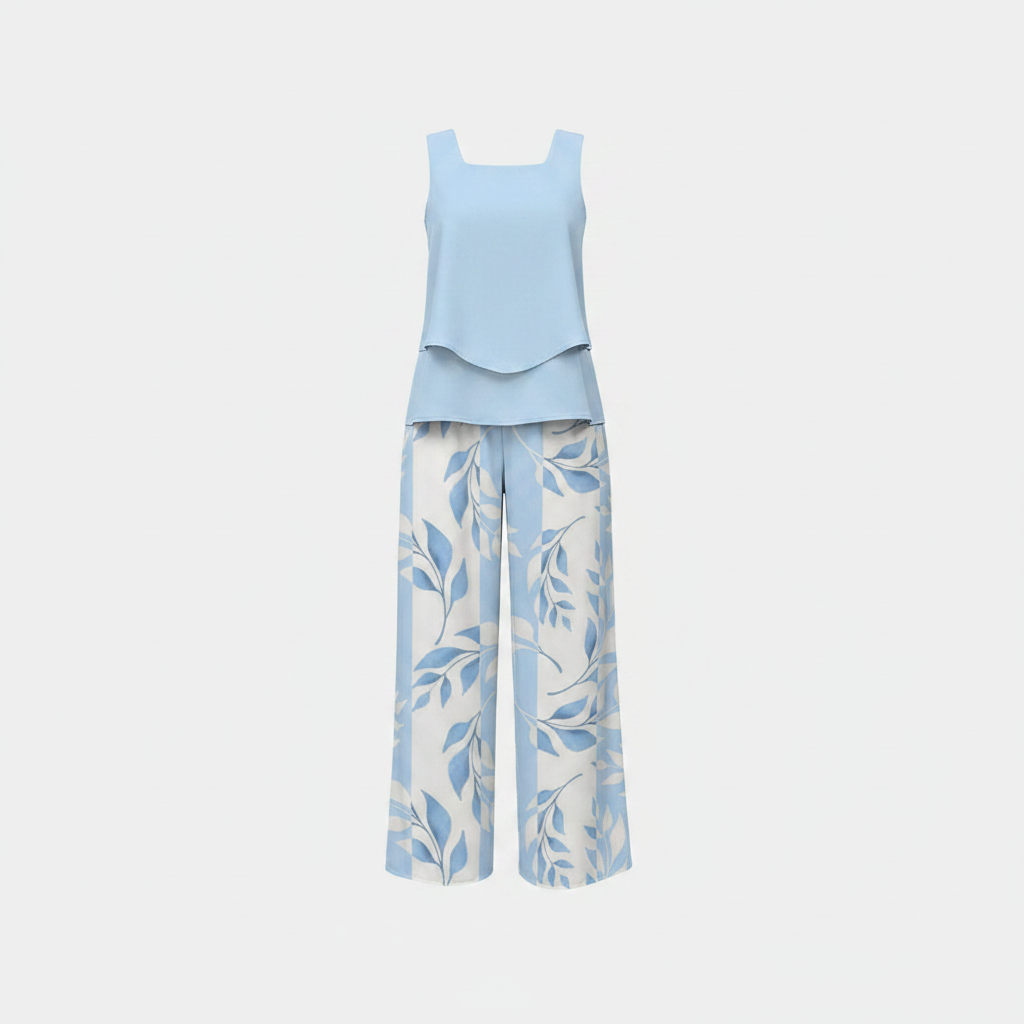 Light blue sleeveless blouse set with wide-leg trousers in light-blue leaf print