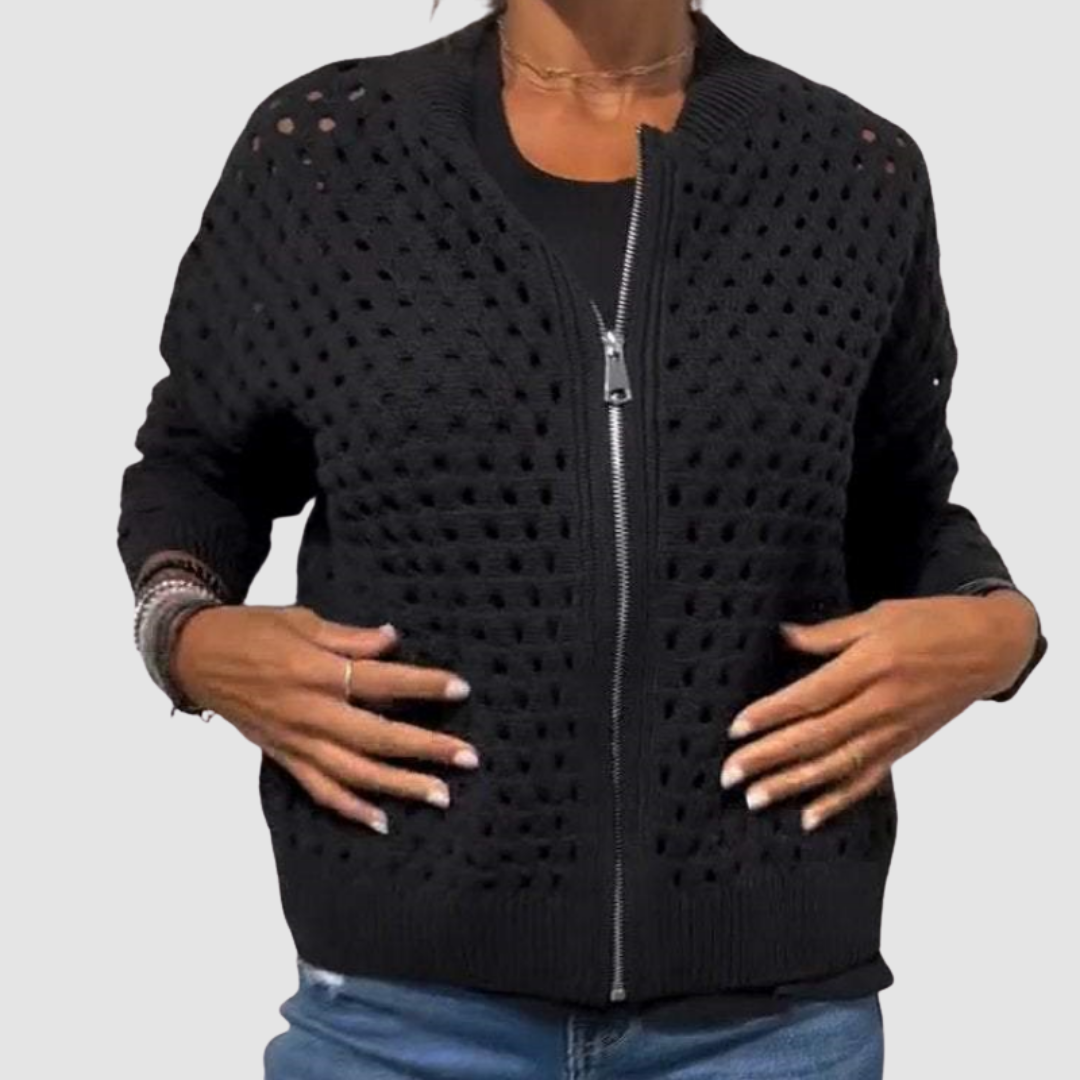 Lightweight open-knit full-zip cardigan in black with zip front and ribbed trim