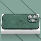 Genuine leather iPhone case with deer engraving, dark green, camera cutouts, shockproof edge