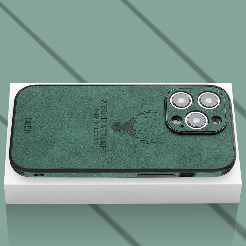 Genuine leather iPhone case with deer engraving, dark green, camera cutouts, shockproof edge