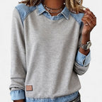 Women's sweater with layered denim collar, shoulders, cuffs, and hem, in heather gray