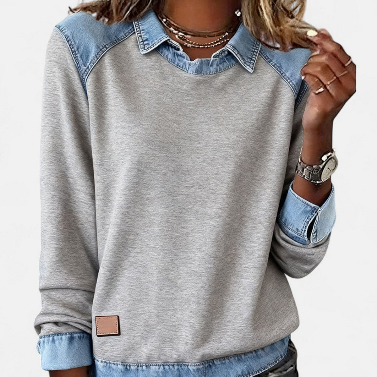 Women's sweater with layered denim collar, shoulders, cuffs, and hem, in heather gray