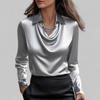 Silk blouse with draped V-neck and tailored fit, satin sheen, long sleeves, grey