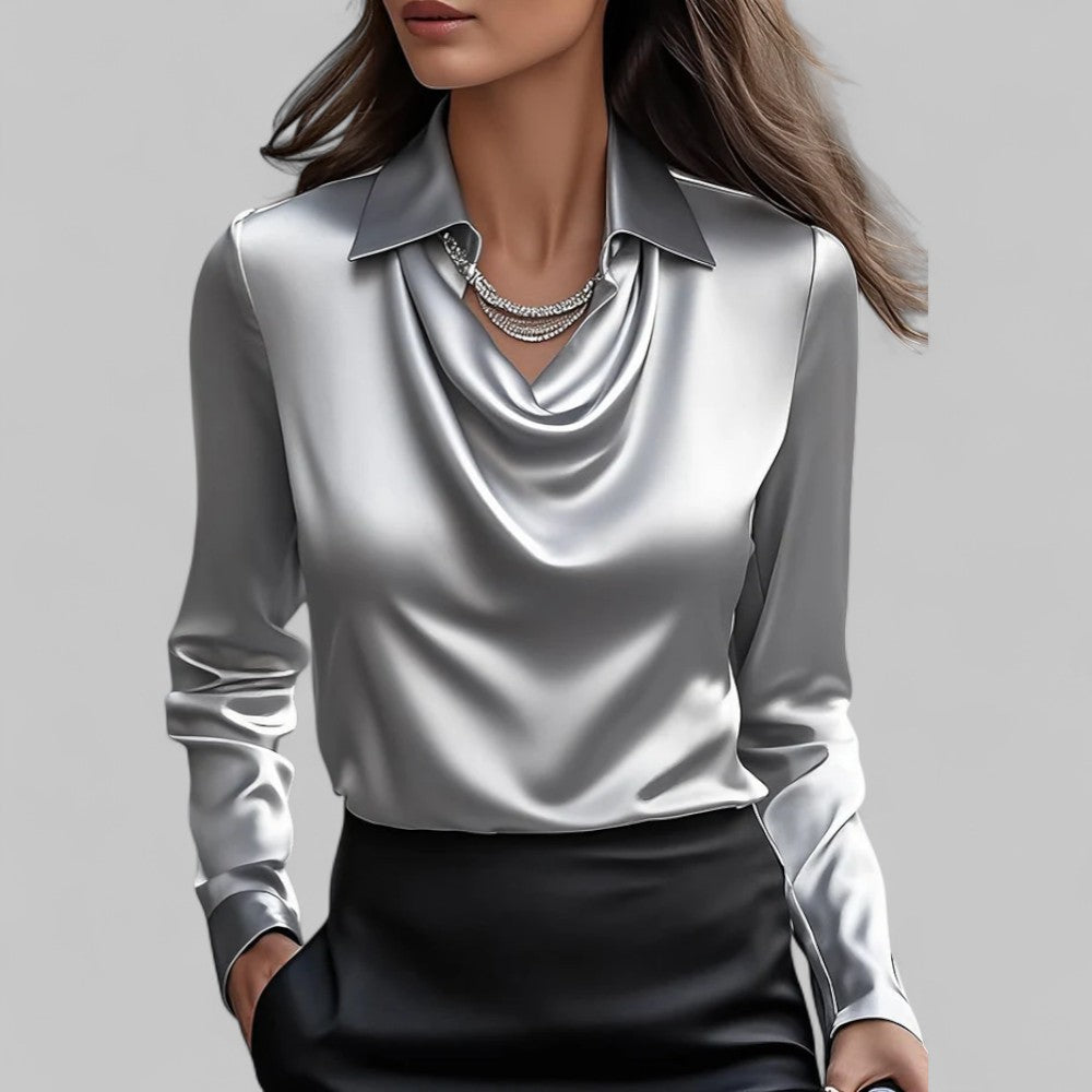 Silk blouse with draped V-neck and tailored fit, satin sheen, long sleeves, grey