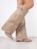 Beige knee-high suede boots with wide flare top, block heel, square buckle cuff