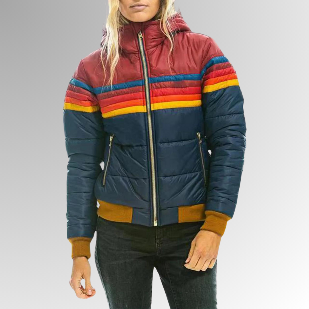 Women’s quilted puffer jacket with zip, red hood, dark blue body, rainbow stripes.