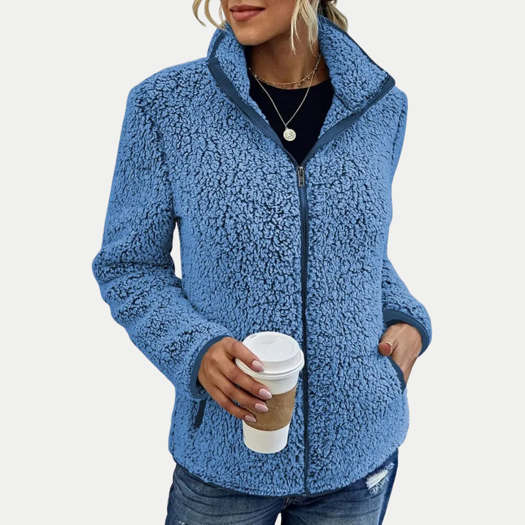 Blue textured fleece full-zip jacket with stand collar and long sleeves