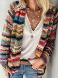 Multicolor knitted cardigan with thick horizontal stripes, long sleeves, open front