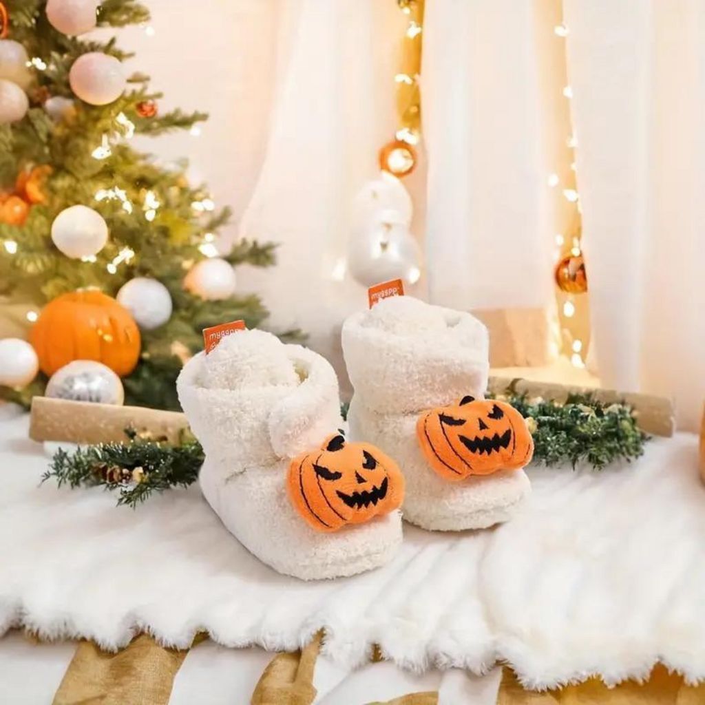 Children's Halloween slippers in white with orange pumpkin cartoon patches