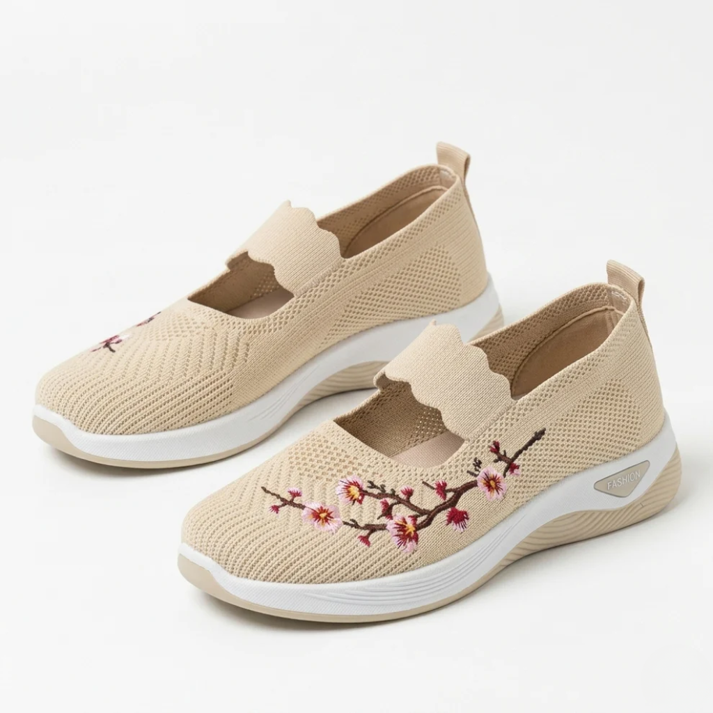 Beige knit slip-on sneakers, floral side embroidery, elastic collar, white tread sole