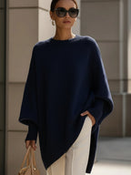 Oversized poncho sweater with ribbed crew neckline, dark navy blue