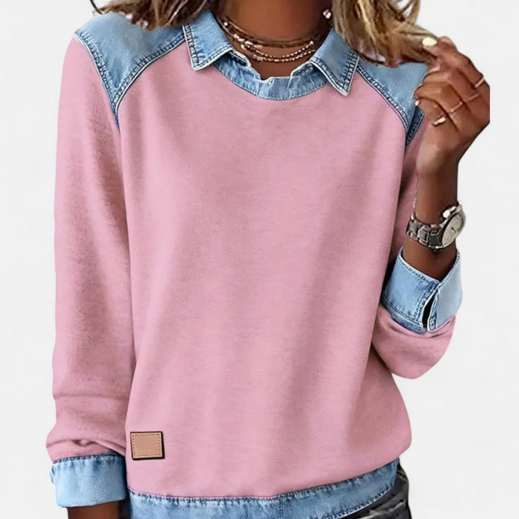 Women's sweater in pink with layered denim collar, shoulders, cuffs, and hem