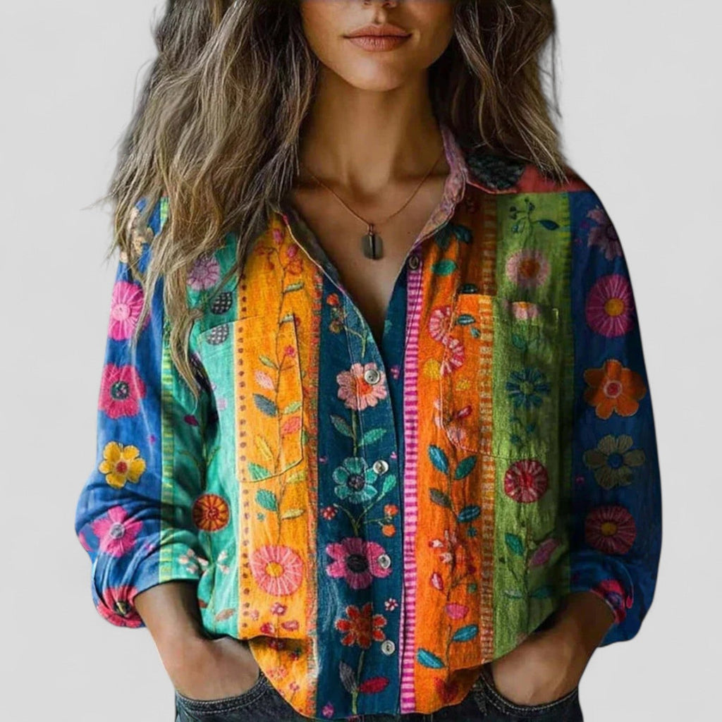 Colorful floral patchwork blouse shirt with button front and long sleeves