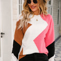 Women’s patchwork sweater with round neck, white and pink with brown and dark sleeves