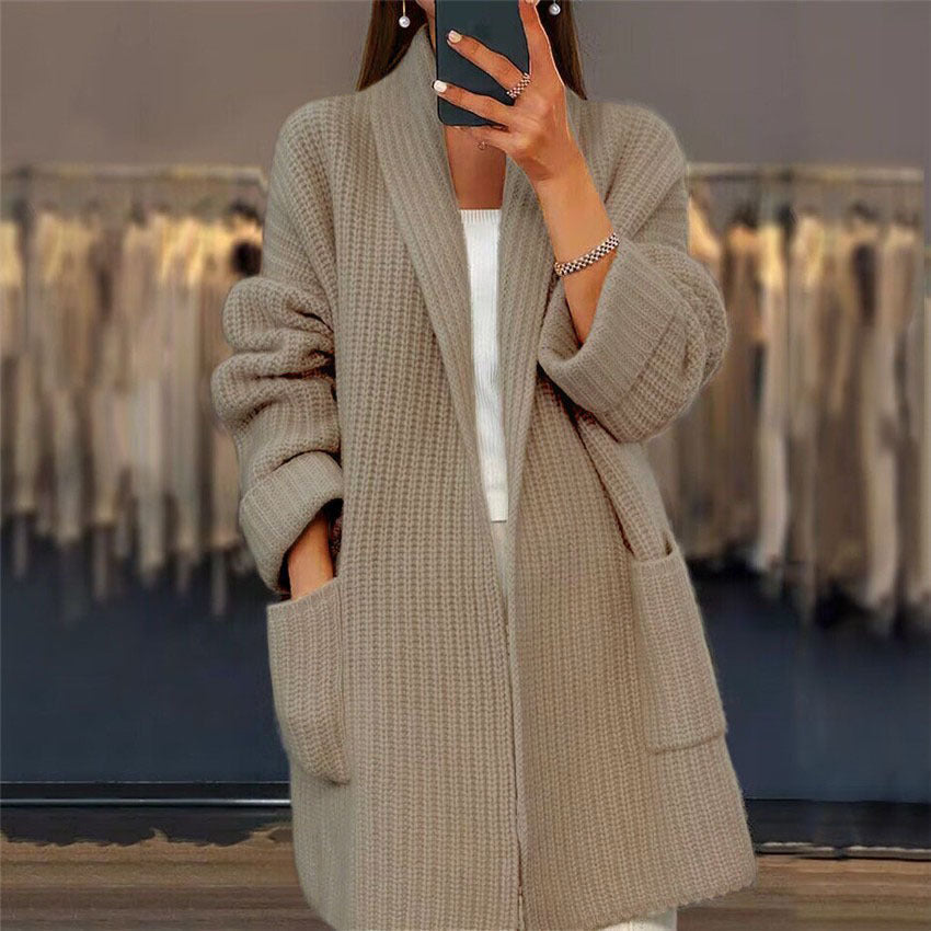 Women’s cream open-front knit cardigan with patch pockets and long sleeves