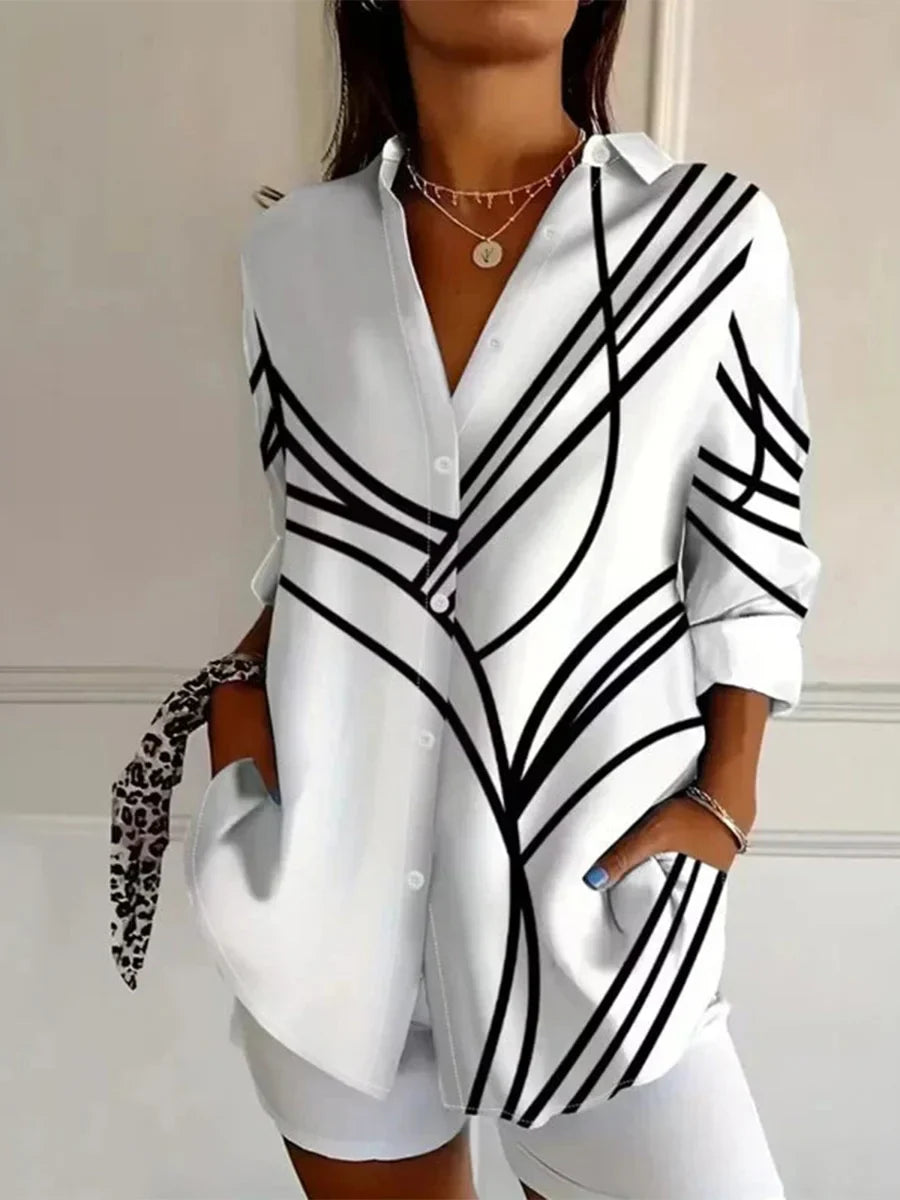 White vintage long sleeve blouse, black geometric stripe V-neck button-up