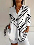 White vintage long sleeve blouse, black geometric stripe V-neck button-up