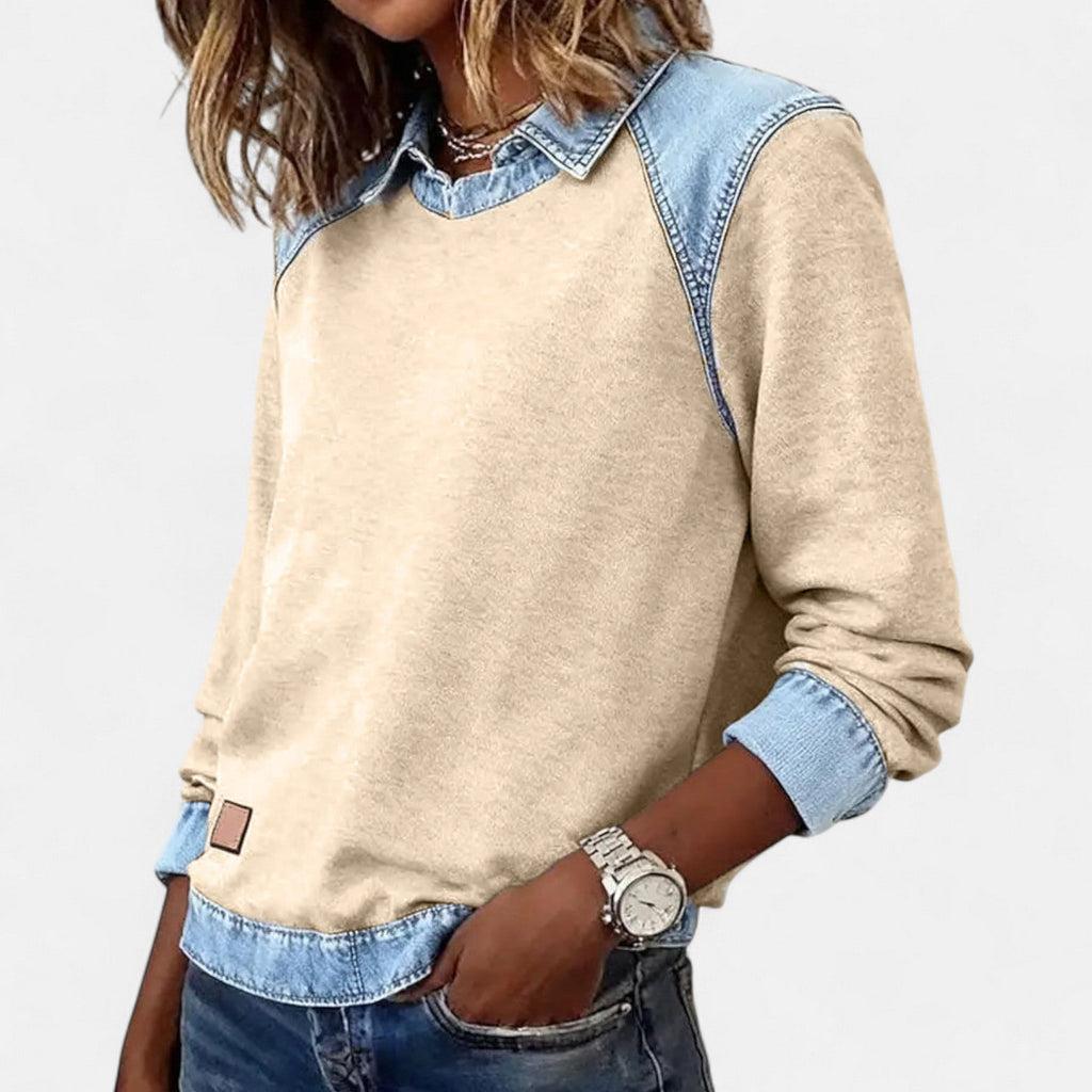 Women's beige sweater with denim-look collar, buttoned sleeve detail