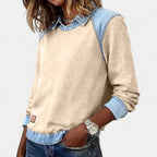 Women's beige sweater with denim-look collar, buttoned sleeve detail