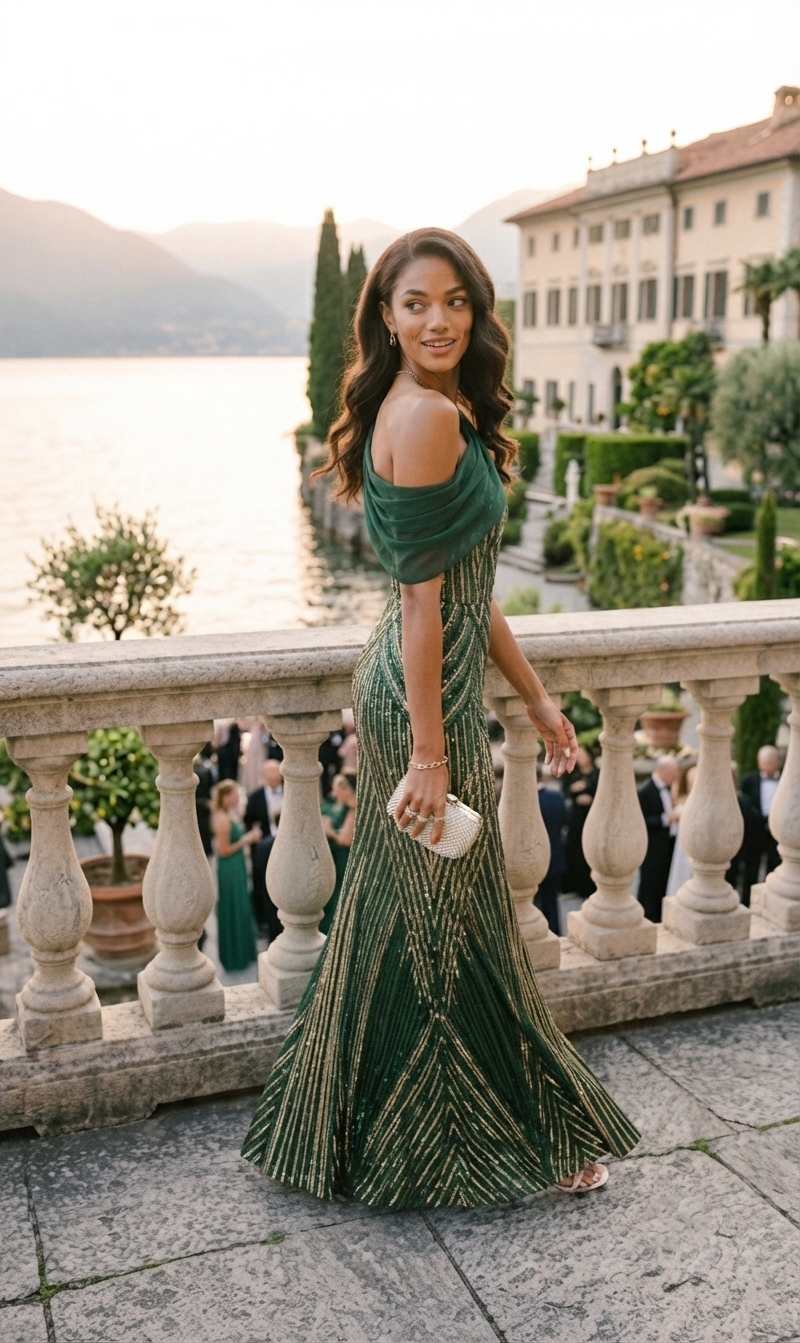 Green sequin mermaid evening dress with draped shoulder cape