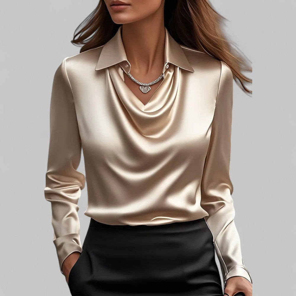 Silk blouse with draped V-neck and tailored fit, satin sheen, long sleeves, champagne