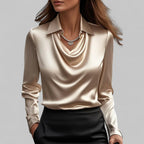 Silk blouse with draped V-neck and tailored fit, satin sheen, long sleeves, champagne