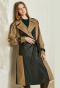Two-tone women’s trench coat with adjustable belt, tan and dark green, double-breasted.