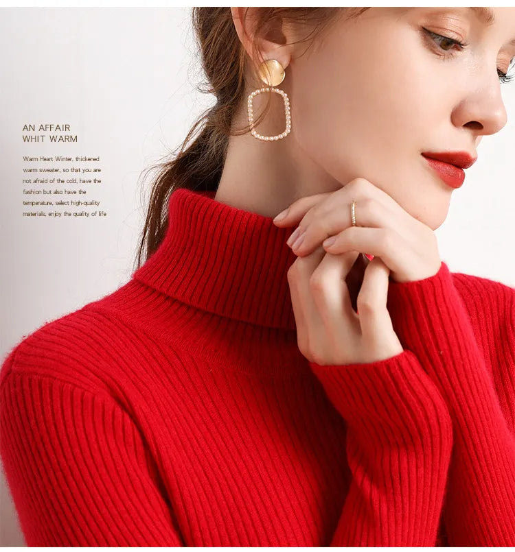 Red ribbed turtleneck sweater with high collar and long sleeves